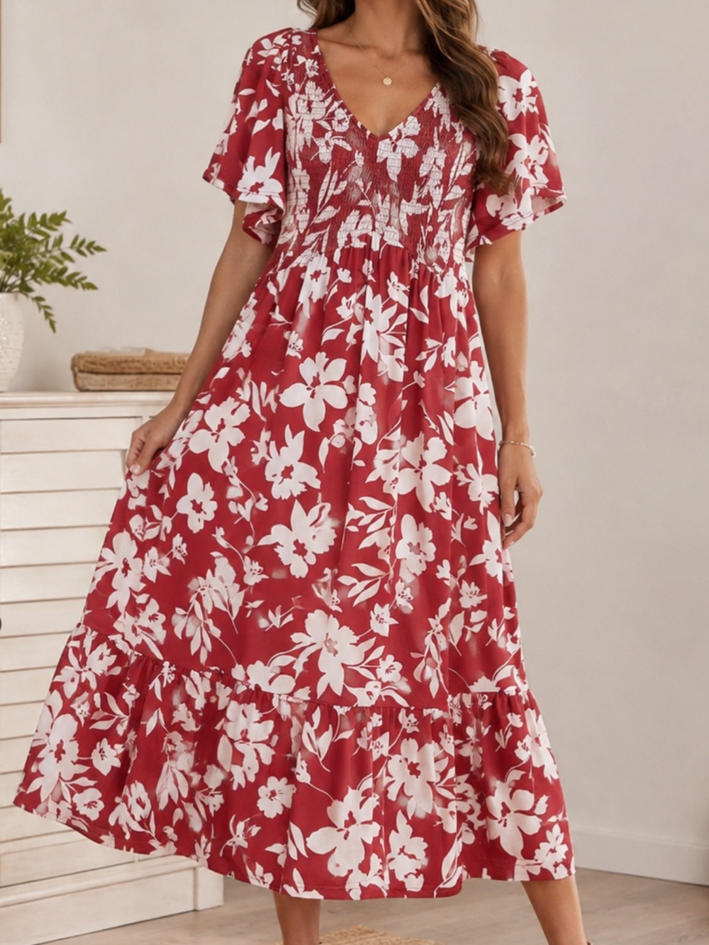 Red Floral V-Neck Maxi Dress with Smocked Waist